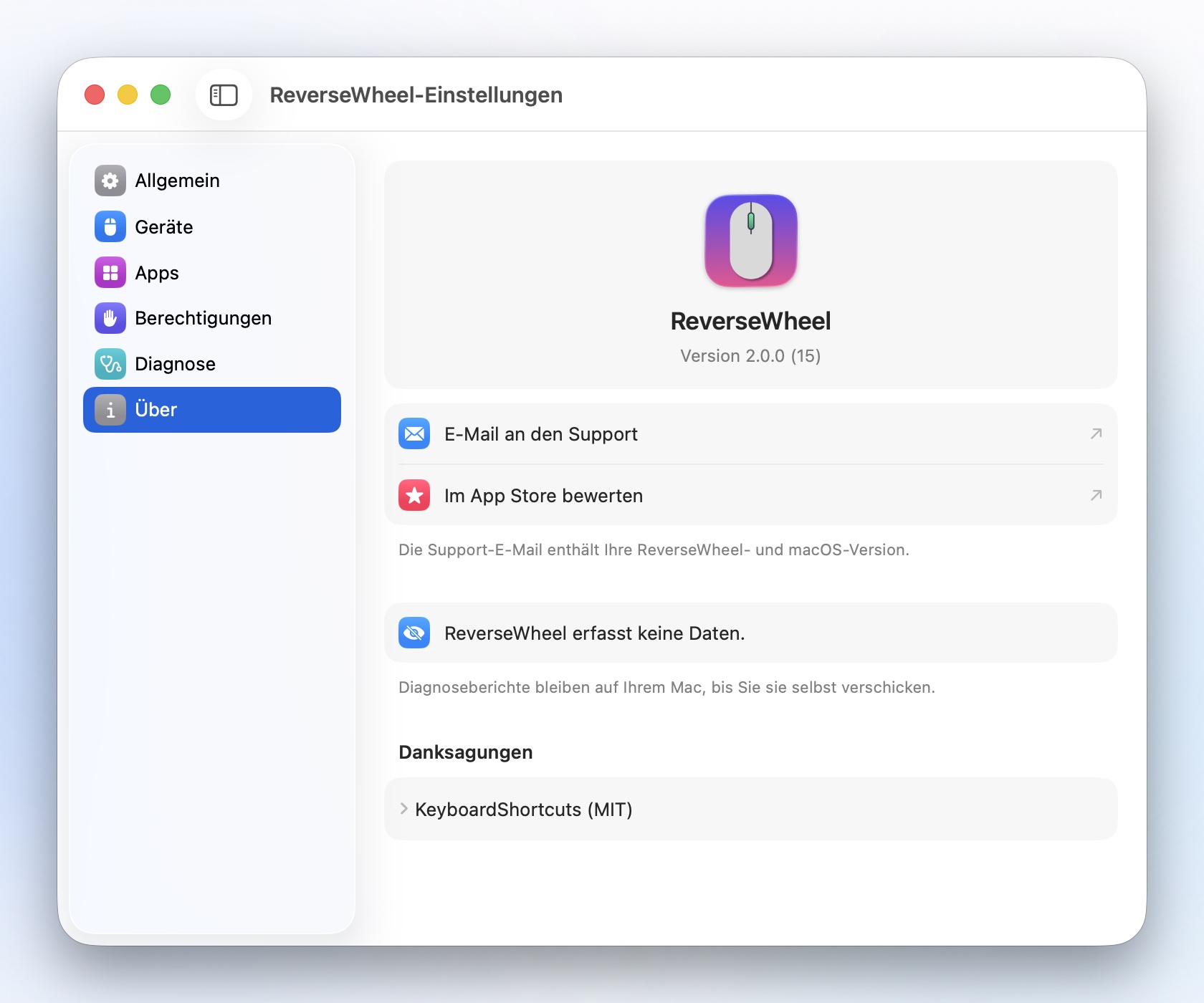 Einstellungen › Über: ReverseWheel erfasst keine Daten.