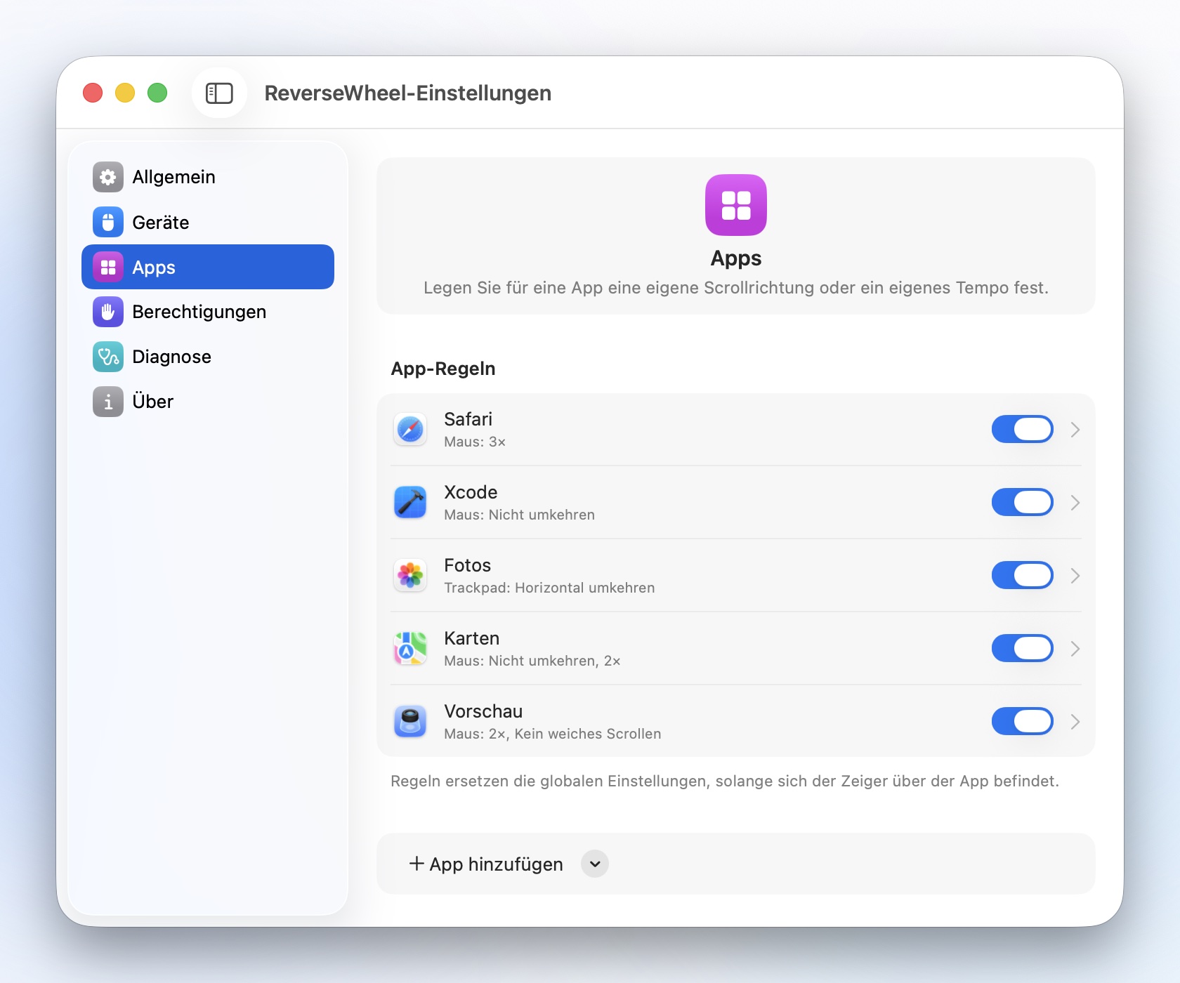 Einstellungen › Apps: Regeln für Safari, Xcode, Fotos, Karten und Vorschau.