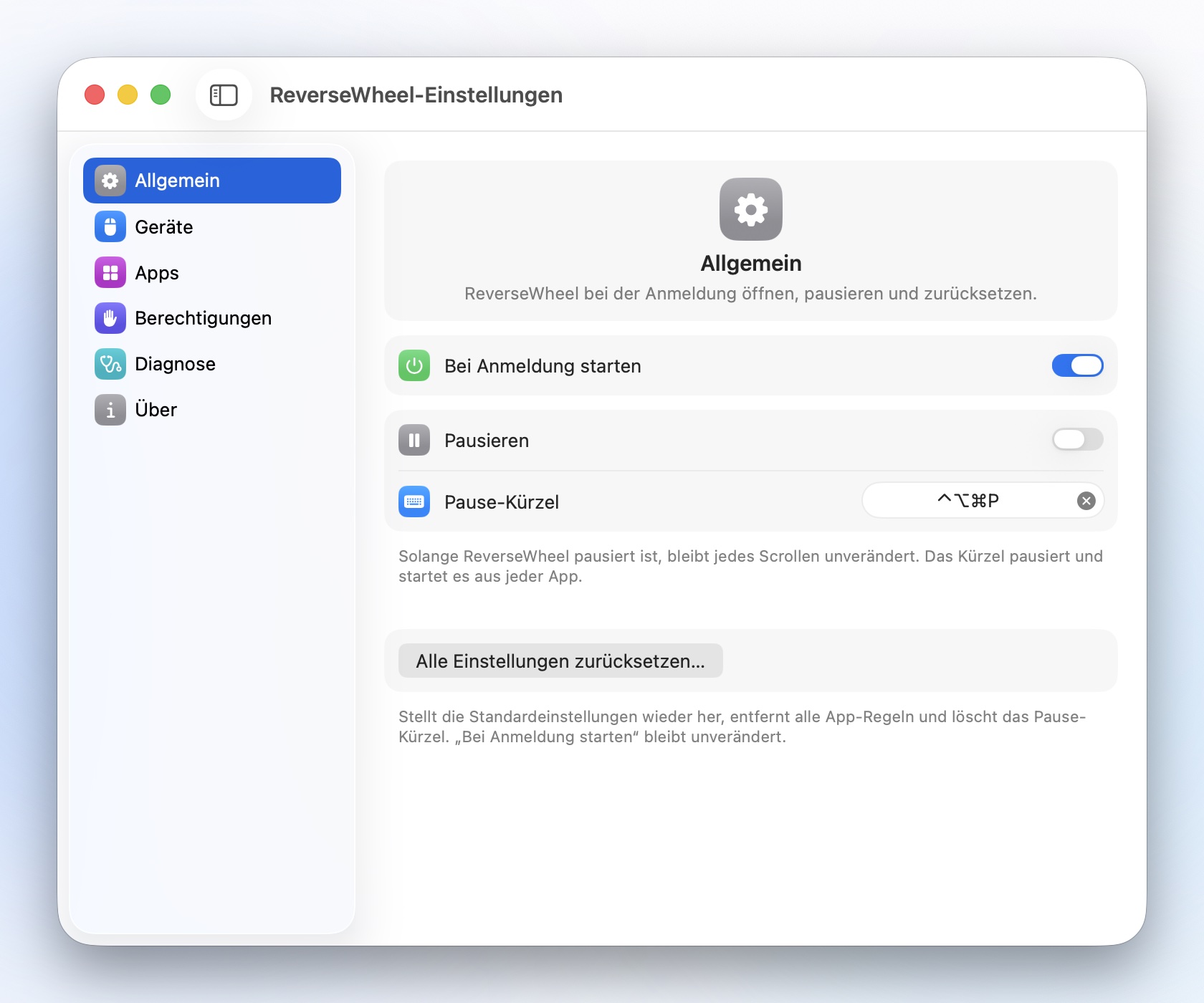 Einstellungen › Allgemein: Bei Anmeldung starten und Pause-Kürzel.