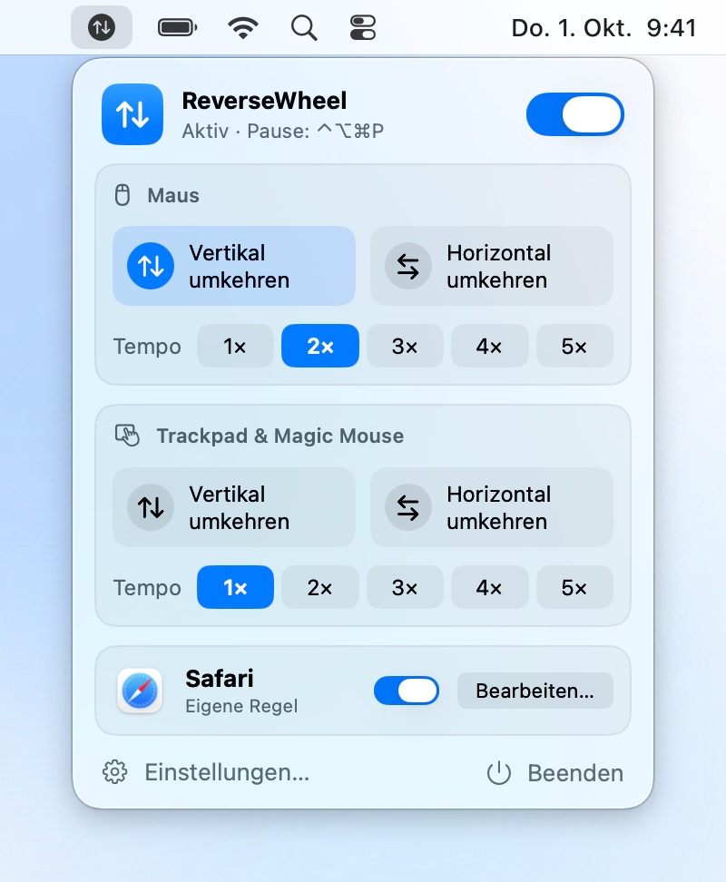 Das Menüleisten-Fenster von ReverseWheel: Die Maus ist umgekehrt, das Trackpad scrollt natürlich.