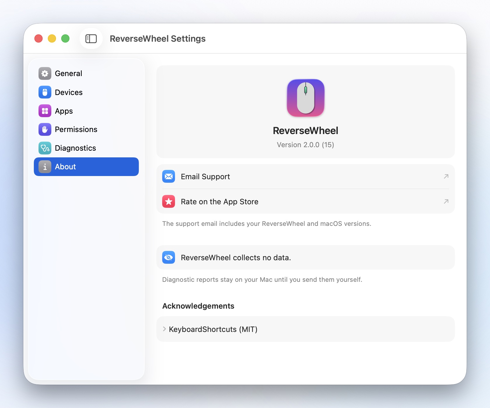 Settings › About: ReverseWheel collects no data.