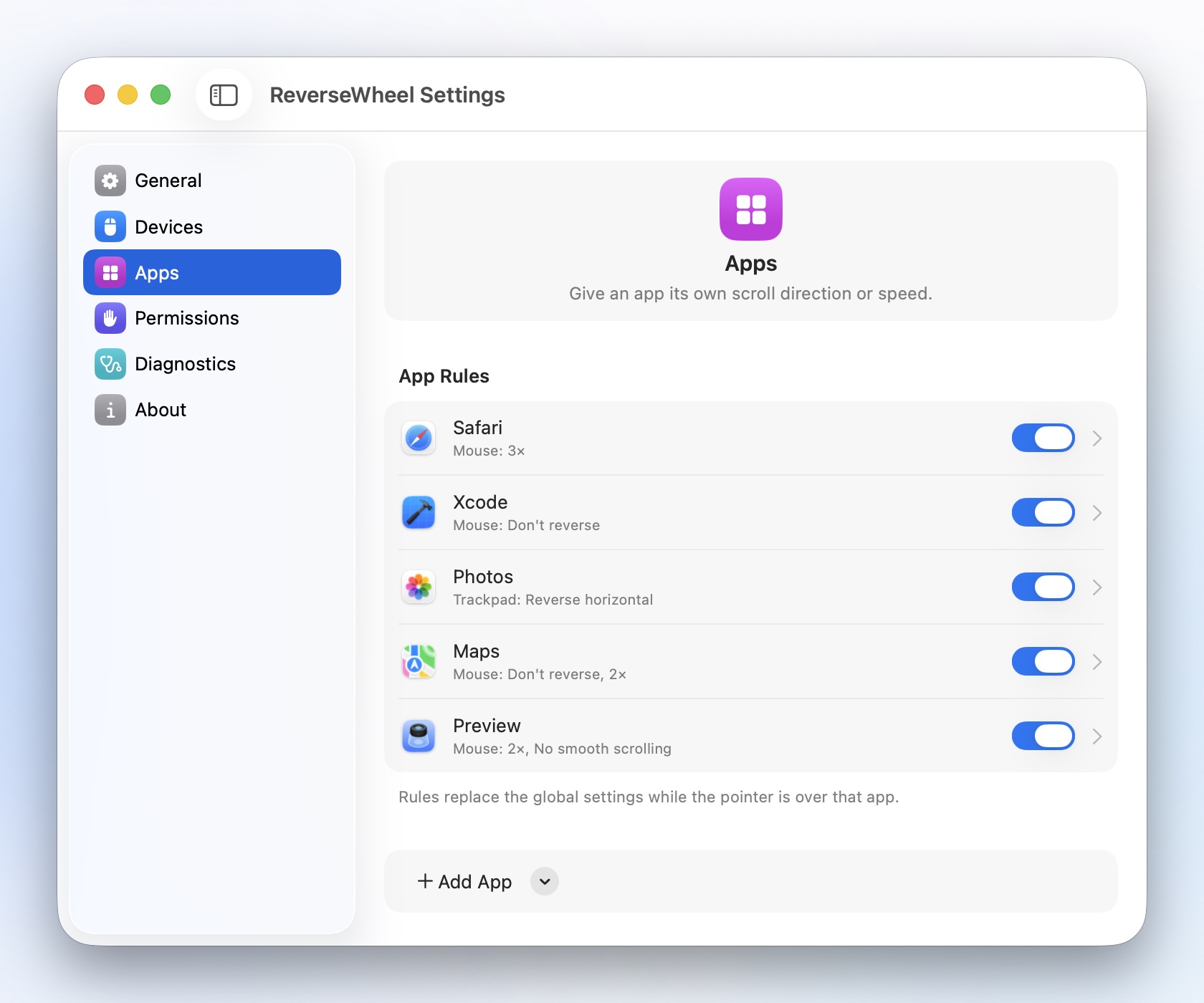 Settings › Apps: rules for Safari, Xcode, Photos, Maps and Preview.