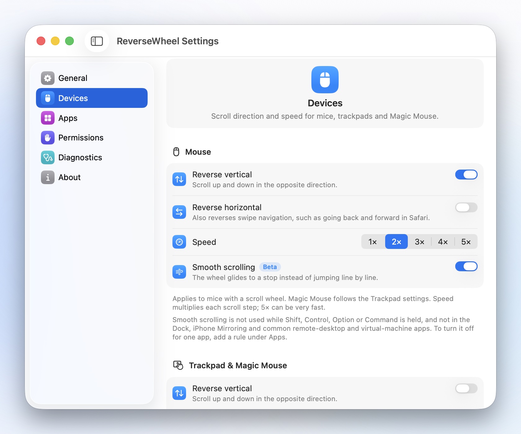 Settings › Devices: direction, speed and smooth scrolling for the mouse.