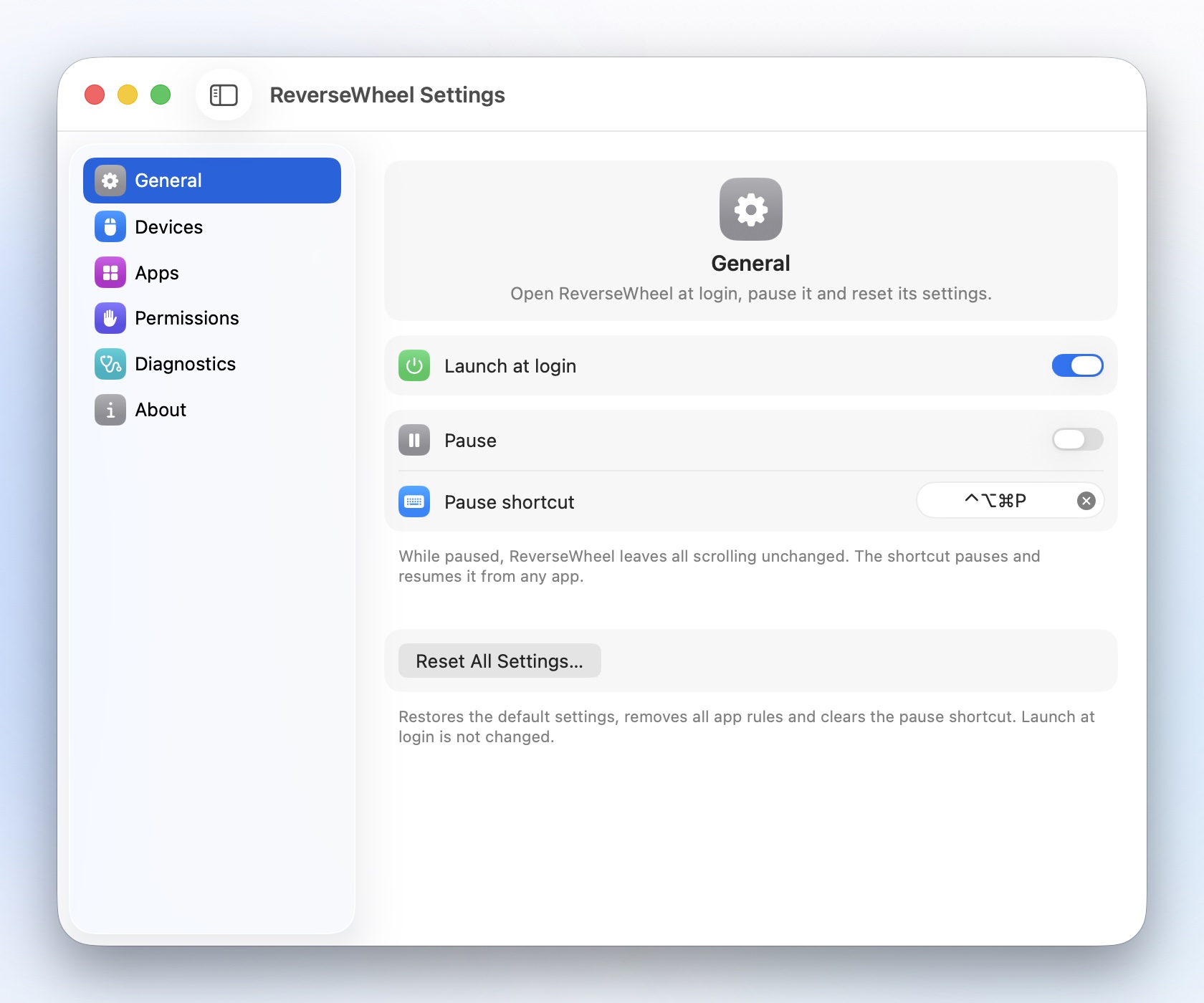 Settings › General: launch at login and the pause shortcut.