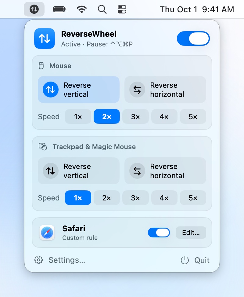 ReverseWheel's menu bar window: the mouse is reversed, the trackpad keeps natural scrolling.