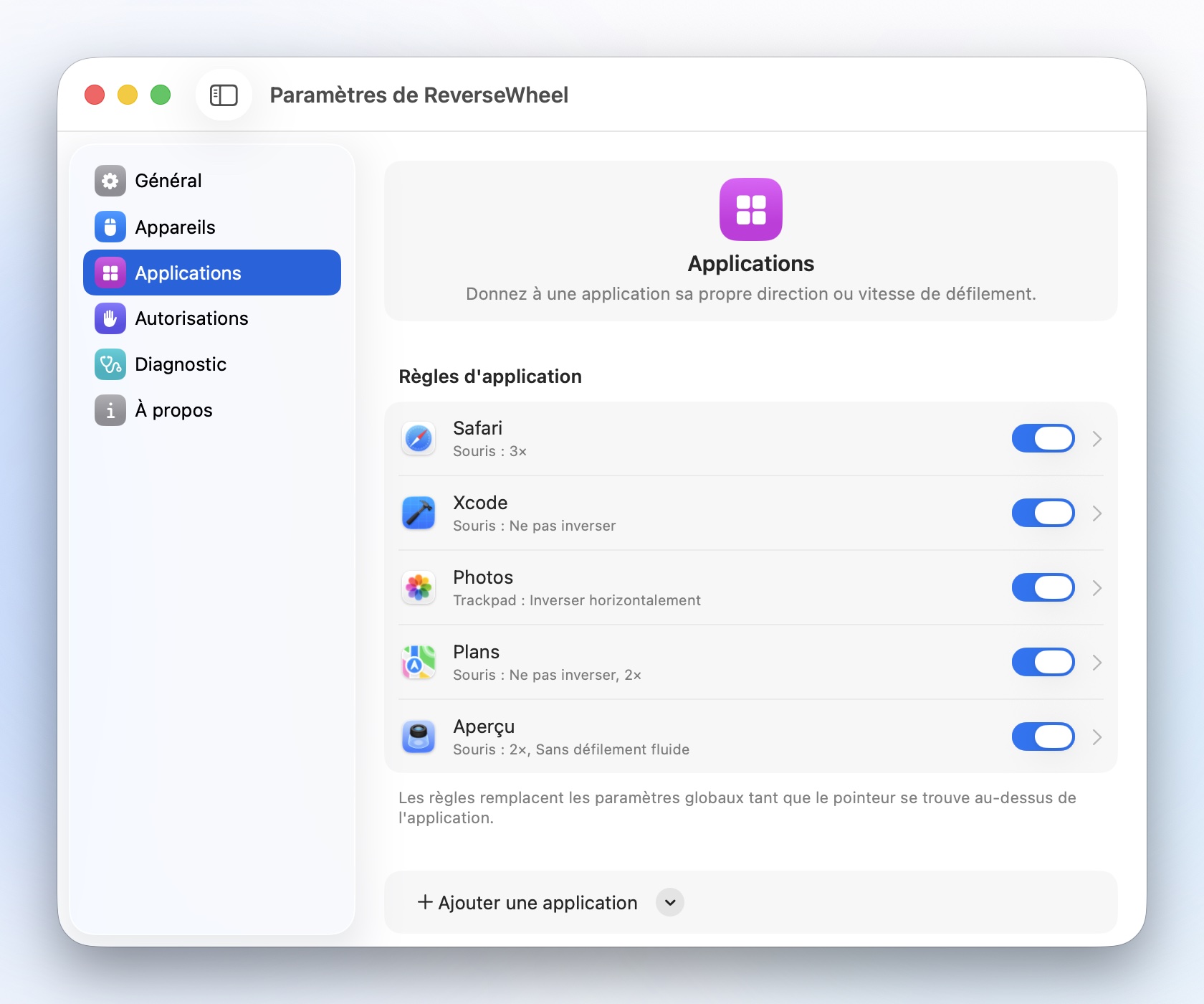 Paramètres › Applications : règles pour Safari, Xcode, Photos, Plans et Aperçu.