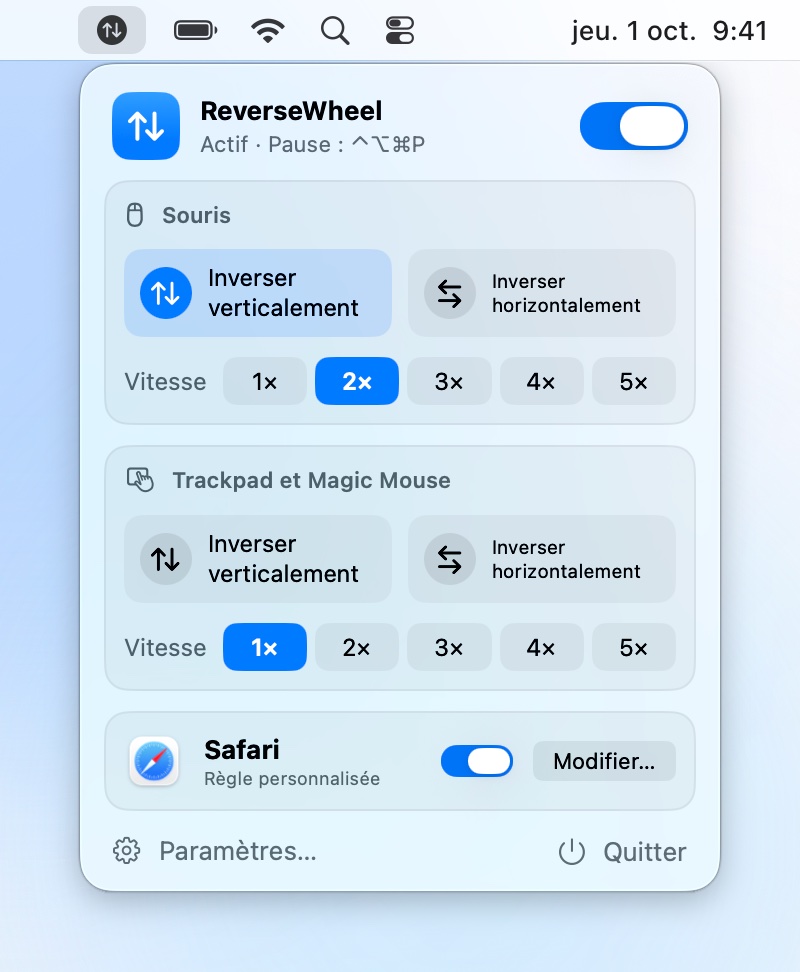 La fenêtre de la barre des menus de ReverseWheel : la souris est inversée, le trackpad garde le défilement naturel.